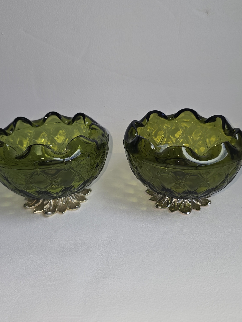 Olive Green Ruffled Glass Bowls with Silver Leaf Bases - Set of 2